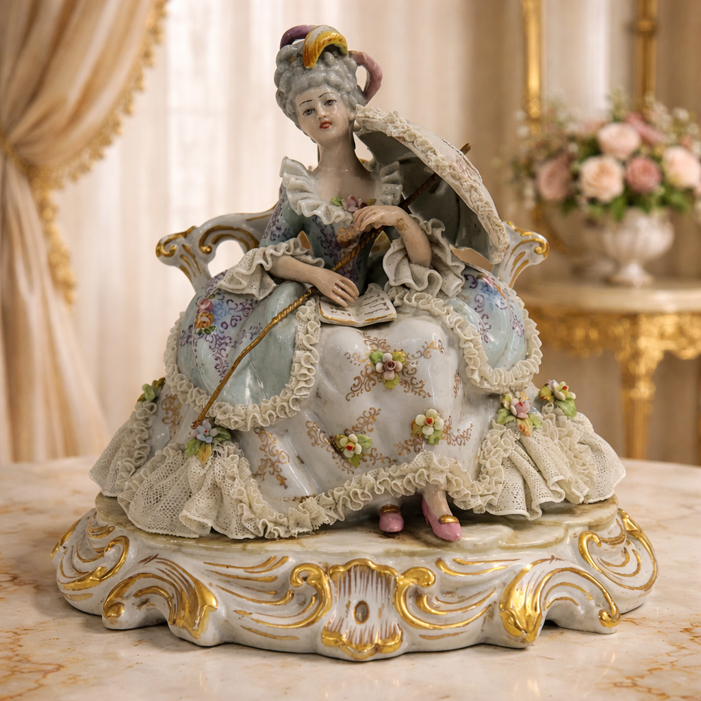Scultura in porcellana policroma finemente modellata, raffigurante dama in abiti settecenteschi seduta su elegante seduta rocaille. La figura, di gusto rococò, è impreziosita da ricchi decori floreali applicati, delicati motivi dipinti e abbondanti dorature, con accurata resa dei merletti, dei panneggi e dell’acconciatura. La base sagomata, mossa e dorata, completa armoniosamente la composizione. Produzione Capodimonte, Italia, XX secolo, come da marchio al verso; oggetto decorativo di pregio, in buono stato di conservazione.