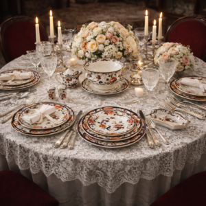 Servizio di Piatti Completo Mason’s “Mandalay Blue” – Inghilterra Elegante servizio da tavola in ceramica fine tipo Ironstone, prodotto dalla storica manifattura inglese Mason’s, celebre per la qualità e la resistenza delle proprie porcellane decorative. Il servizio appartiene al raffinato decoro “Mandalay Blue”, caratterizzato da una ricca composizione floreale policroma con motivi orientaleggianti, impreziosita da bordi blu cobalto e profili in oro. Il disegno, di grande equilibrio cromatico, richiama l’estetica esotica ottocentesca reinterpretata secondo il gusto inglese del primo Novecento.