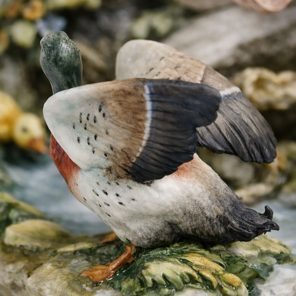 Statuina in porcellana policroma raffigurante giovane pescatore seduto in ambiente naturalistico con volatili acquatici, tronco e vegetazione modellati a rilievo. Buona qualità esecutiva, con accurata resa dei dettagli e cromie ben sfumate. Produzione italiana del XX secolo, ambito Capodimonte, come da firma dipinta alla base. In buono stato di conservazione, decorativa e collezionabile.
