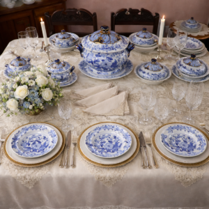 Servizio da tavola “Dresden Opaque China” – 80 pezzi Raffinato servizio da tavola in Opaque China marcato Dresden Opaque China, caratterizzato da elegante decorazione floreale in blu cobalto e ricche dorature a mano su rilievi plastici, coperchi e manici, ispirate ai modelli rococò di tradizione sassone. Servizio di ampia composizione, completo e armonioso, di notevole effetto decorativo e collezionistico. Buono stato di conservazione generale, con normali segni del tempo coerenti con l’epoca. Ideale per tavola di rappresentanza o collezione antiquaria.