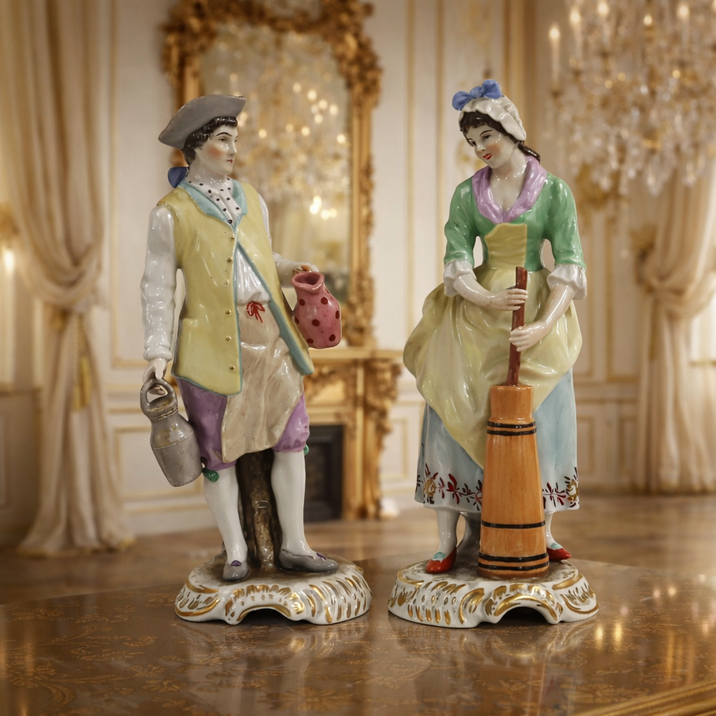 Coppia di statuine in porcellana policroma raffiguranti figure popolari in abiti settecenteschi, finemente modellate e dipinte a mano, con basi sagomate arricchite da dorature. Composizione vivace, ricca di dettagli negli accessori e nelle espressioni, tipica della produzione figurativa tedesca. Marca al rovescio con lettera “S” coronata in blu, riferibile alla manifattura di Sitzendorf. Germania, fine XIX – inizi XX secolo. Buono stato di conservazione.