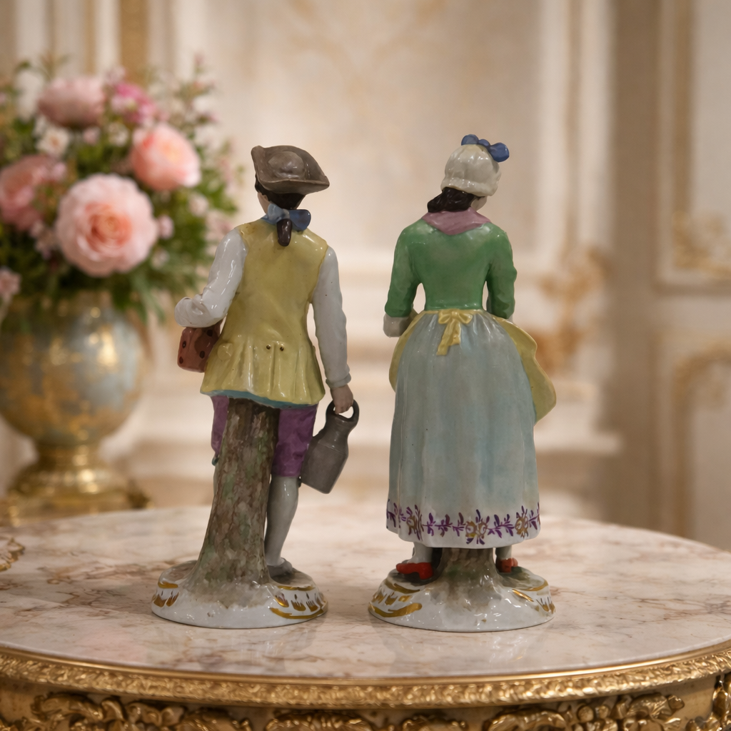 Coppia di statuine in porcellana policroma raffiguranti figure popolari in abiti settecenteschi, finemente modellate e dipinte a mano, con basi sagomate arricchite da dorature. Composizione vivace, ricca di dettagli negli accessori e nelle espressioni, tipica della produzione figurativa tedesca. Marca al rovescio con lettera “S” coronata in blu, riferibile alla manifattura di Sitzendorf. Germania, fine XIX – inizi XX secolo. Buono stato di conservazione.