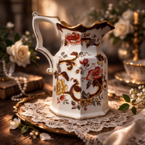 Brocca in ironstone Mason’s, Staffordshire, seconda metà del XIX secolo, decorata nel motivo “Velvet Brown”. Corpo poligonale sfaccettato con base ottagonale, beccuccio sagomato e ansa modellata. Decorazione policroma a motivi floreali e volute brune su fondo avorio, arricchita da profili dorati sull’orlo. Tipico esempio della produzione vittoriana Mason’s destinata ai servizi da tavola decorativi.