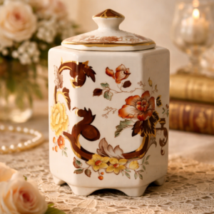 Barattolo con coperchio in Ironstone Mason’s, decorazione Mandalay, produzione inglese della seconda metà del Novecento. Corpo ottagonale su piedini, con ricca decorazione floreale policroma nei toni caldi e dettagli in oro. Marchio originale sotto la base con dicitura “Mason’s – Ironstone – Made in England – Mandalay – Printed and Hand Painted”. In ottimo stato di conservazione, completo di coperchio, elegante oggetto decorativo e da collezione.