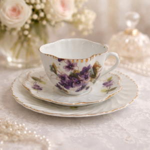 Trio da tè vittoriano in porcellana inglese, fine XIX secolo, composto da tazza, piattino e piatto da dessert. Raffinata decorazione floreale policroma con violette dipinte a mano, impreziosita da bordini dorati e delicata modellatura a rilievo a motivo spiraliforme. Eleganti forme mosse tipiche del gusto vittoriano. In buono stato di conservazione; gradevole insieme da collezione e da esposizione.