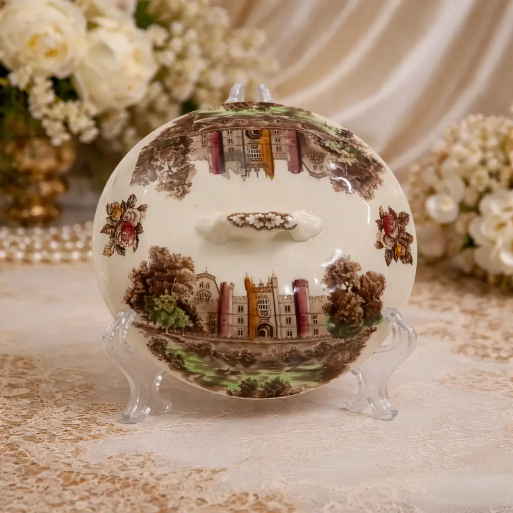 Zuppiera in ceramica inglese Johnson Bros, serie “Royal Homes of Britain – Hampton Court Palace”, manifattura Staffordshire, prima metà XX secolo. Corpo ovale con coperchio originale, decorato a trasferimento policromo raffigurante Hampton Court Palace entro paesaggio alberato, con riserve floreali sui lati e presa superiore sagomata. Marchio al verso. Buono stato di conservazione, tipico esempio di ceramica decorativa inglese di gusto storico-collezionistico.