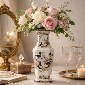 Vaso in fine porcellana inglese Mason’s, linea Mandalay, caratterizzato da elegante forma slanciata con corpo sfaccettato e collo rastremato. Decorazione floreale policroma con elementi in blu cobalto e ricche dorature a rilievo. Marchio al fondo “Mason’s – Ironstone – Mandalay – Printed and Hand Painted – Made in England”. Produzione della prima metà del XX secolo. Oggetto decorativo di gusto classico, in buono stato di conservazione.