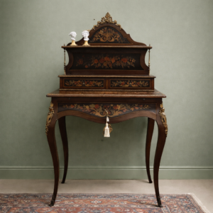 Elegante bureau con alzata in stile Luigi XV, fine XIX secolo, realizzato in legni pregiati e impreziosito da raffinata marqueterie floreale policroma su fondo scuro. La struttura, dalle linee mosse e armoniose, poggia su gambe sagomate ed è arricchita da applicazioni in bronzo dorato. Dotato di piano di scrittura e tre cassetti complessivi, conserva ferramenta originale con chiave. Mobile di alta qualità e ottima presenza scenica, ideale come scrittoio da centro o pezzo da collezione.