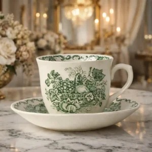 Elegante tazza con piattino in ironstone inglese Mason’s, decorazione verde “Fruit Basket”, manifattura inglese della metà del XX secolo. Corpo in ceramica bianca con ricca stampa transfer raffigurante cestino di frutta e bordure ornamentali. Marchio sul fondo: Mason’s Patent Ironstone China – Permanent Detergent Proof Decoration. In buono stato di conservazione, con normali segni del tempo. Perfetta come pezzo da collezione o per servizio da tè vintage.
