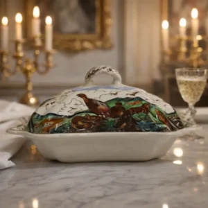 Zuppiera con coperchio in Mason’s Patent Ironstone, manifattura inglese, XX secolo, serie “Game Birds – The King Eider (Somateria spectabilis)”. Corpo sagomato con ricca bordura monocroma bruna a motivi naturalistici e scena centrale policroma raffigurante anatre selvatiche in ambiente lacustre. Coperchio coordinato con presa ad anello e decorazione continua. Marchio al verso. Buono stato di conservazione; elegante pezzo da collezione e da tavola di gusto tradizionale inglese.