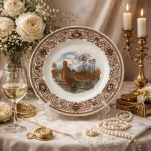 Piatto in ceramica ironstone inglese, manifattura Mason’s, appartenente alla serie Game Birds – Common Partridge (Perdix cinerea). Decorazione centrale policroma con coppia di pernici in paesaggio naturale, resa con finezza pittorica e ricca gamma cromatica. Ampia tesa con elaborata bordura a girali, riserve figurate e motivi ornamentali in tonalità seppia, su profilo leggermente sagomato. Marchio sul retro “Mason’s Patent Ironstone – Made in England”. Produzione della prima metà del XX secolo. In buono stato di conservazione.