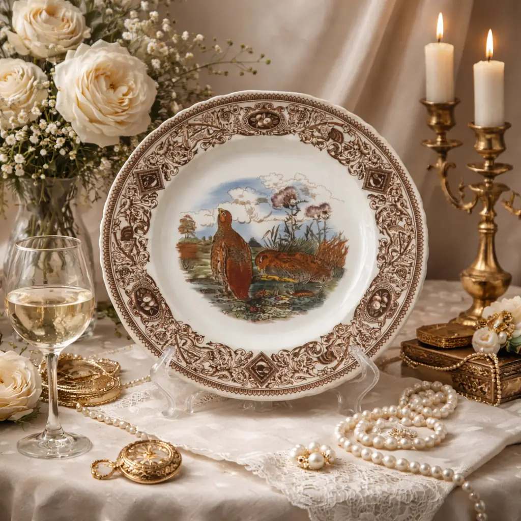 Piatto in ceramica ironstone inglese, manifattura Mason’s, appartenente alla serie Game Birds – Common Partridge (Perdix cinerea). Decorazione centrale policroma con coppia di pernici in paesaggio naturale, resa con finezza pittorica e ricca gamma cromatica. Ampia tesa con elaborata bordura a girali, riserve figurate e motivi ornamentali in tonalità seppia, su profilo leggermente sagomato. Marchio sul retro “Mason’s Patent Ironstone – Made in England”. Produzione della prima metà del XX secolo. In buono stato di conservazione.