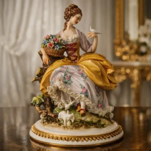 Raffinata statuina in porcellana di Capodimonte, firmata dal grande artista Giuseppe Cappè, raffigurante elegante dama in abiti settecenteschi, seduta su tronco naturalistico e adornata da ricchi dettagli policromi. La figura è caratterizzata da delicata espressività, fiori finemente modellati e base sagomata con bordo dorato. L’opera testimonia l’alta qualità della manifattura italiana, con accurata resa dei panneggi e smaltatura luminosa. Epoca: XX secolo. Stato di conservazione: buono.