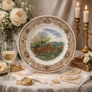 Piatto in ceramica ironstone inglese, manifattura Mason’s, decoro Game Birds – The Quail (Coturnix communis), con scena centrale policroma raffigurante quaglie in ambiente naturale. Ampia tesa ornata da ricca bordura a girali e riserve decorative in tonalità seppia, con profilo sagomato e bordo leggermente ondulato. Marchio sul retro “Mason’s Patent Ironstone – Made in England”. Produzione della prima metà del XX secolo. In buono stato di conservazione.