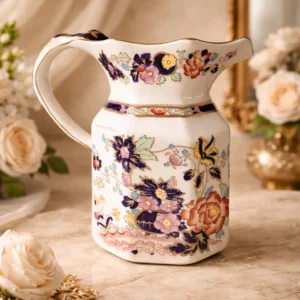 Vista del fondo di brocca in ironstone Mason’s, con marchio a stampa color bruno raffigurante corona e scritta Mason’s Patent Ironstone China – England – “Mandarin” 40. Smalto avorio con evidente craquelure. Produzione inglese di gusto orientalista, prima metà del XX secolo. In buone condizioni generali.