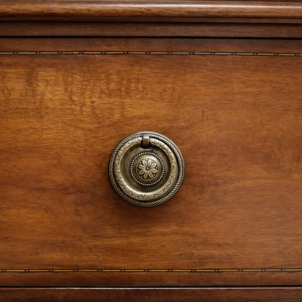 Armadio inglese di gusto Edoardiano, realizzato nei primi anni del XX secolo, in legno di mogano con elegante impiallacciatura a spina di pesce. Struttura architettonica sobria con tre ante, quella centrale a specchio, cappello modanato e cassetto inferiore con pomelli originali in ottone. Interno attrezzato con asta appendiabiti e ganci, finitura calda e ben conservata, tipica della produzione britannica di qualità.