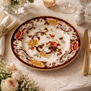 Piatto in ironstone inglese Mason’s, decorazione “Brown Velvet”, inizi XX secolo. Corpo in ceramica fine con ricca policromia floreale in tonalità rosso, giallo, verde e marrone, impreziosita da riserve con volute e bordura scura. Marchio sotto base: Mason’s Patent Ironstone – Brown Velvet – Made in England. In buono stato di conservazione. Elegante esempio di produzione decorativa inglese di gusto orientaleggiante.