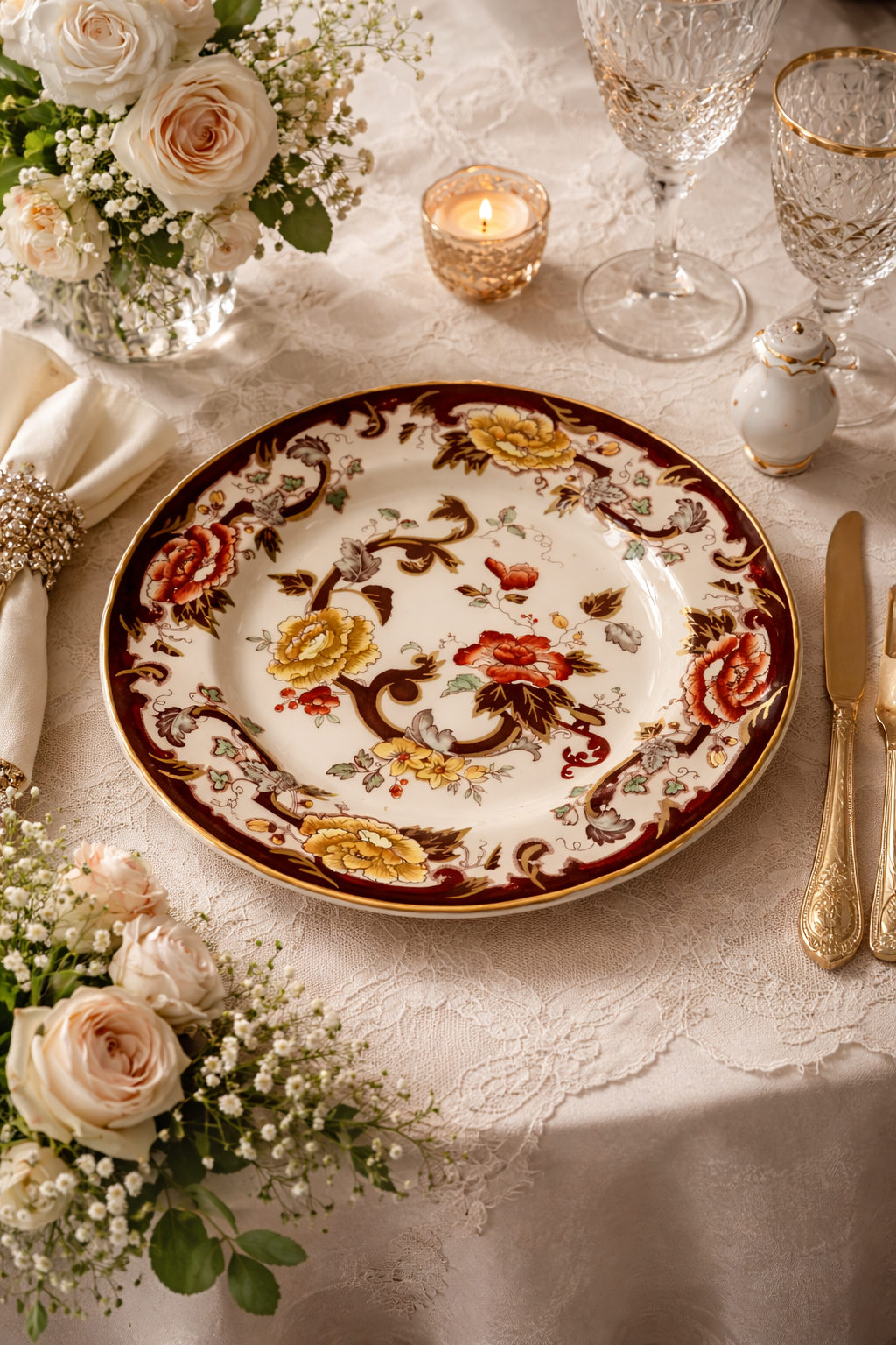 Piatto in ironstone inglese Mason’s, decorazione “Brown Velvet”, inizi XX secolo. Corpo in ceramica fine con ricca policromia floreale in tonalità rosso, giallo, verde e marrone, impreziosita da riserve con volute e bordura scura. Marchio sotto base: Mason’s Patent Ironstone – Brown Velvet – Made in England. In buono stato di conservazione. Elegante esempio di produzione decorativa inglese di gusto orientaleggiante.