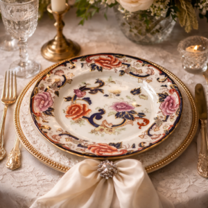 Piatto in fine porcellana inglese Mason’s, linea Mandalay, con bordo sagomato e raffinata decorazione floreale policroma arricchita da motivi in blu cobalto e dorature. Marchio al verso “Mason’s – Patent Ironstone – Mandalay – Made in England”. Produzione del XX secolo. Oggetto di gusto classico, ideale da collezione o da esposizione, in buono stato di conservazione.