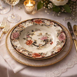 Piatto fondo in fine porcellana inglese Mason’s, linea Mandalay, con bordo sagomato e raffinata decorazione floreale policroma arricchita da motivi in blu cobalto e dorature. Marchio al verso “Mason’s – Patent Ironstone – Mandalay – Made in England”. Produzione della prima metà del XX secolo. Oggetto di gusto classico, ideale da collezione o da esposizione, in ottimo stato di conservazione.