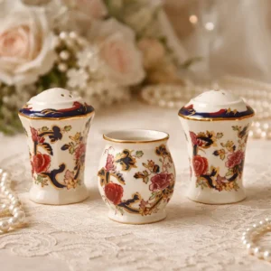 Set composto da coppia di saliere e un vasetto porta spezie in fine porcellana inglese Mason’s, linea Mandalay, con forme sagomate e decorazione floreale policroma arricchita da motivi in blu cobalto e dorature. Marchio al fondo “Mason’s – Patent Ironstone – Mandalay – England”. Produzione della prima metà del XX secolo. Elegante servizio da tavola e da collezione, in ottimo stato di conservazione.