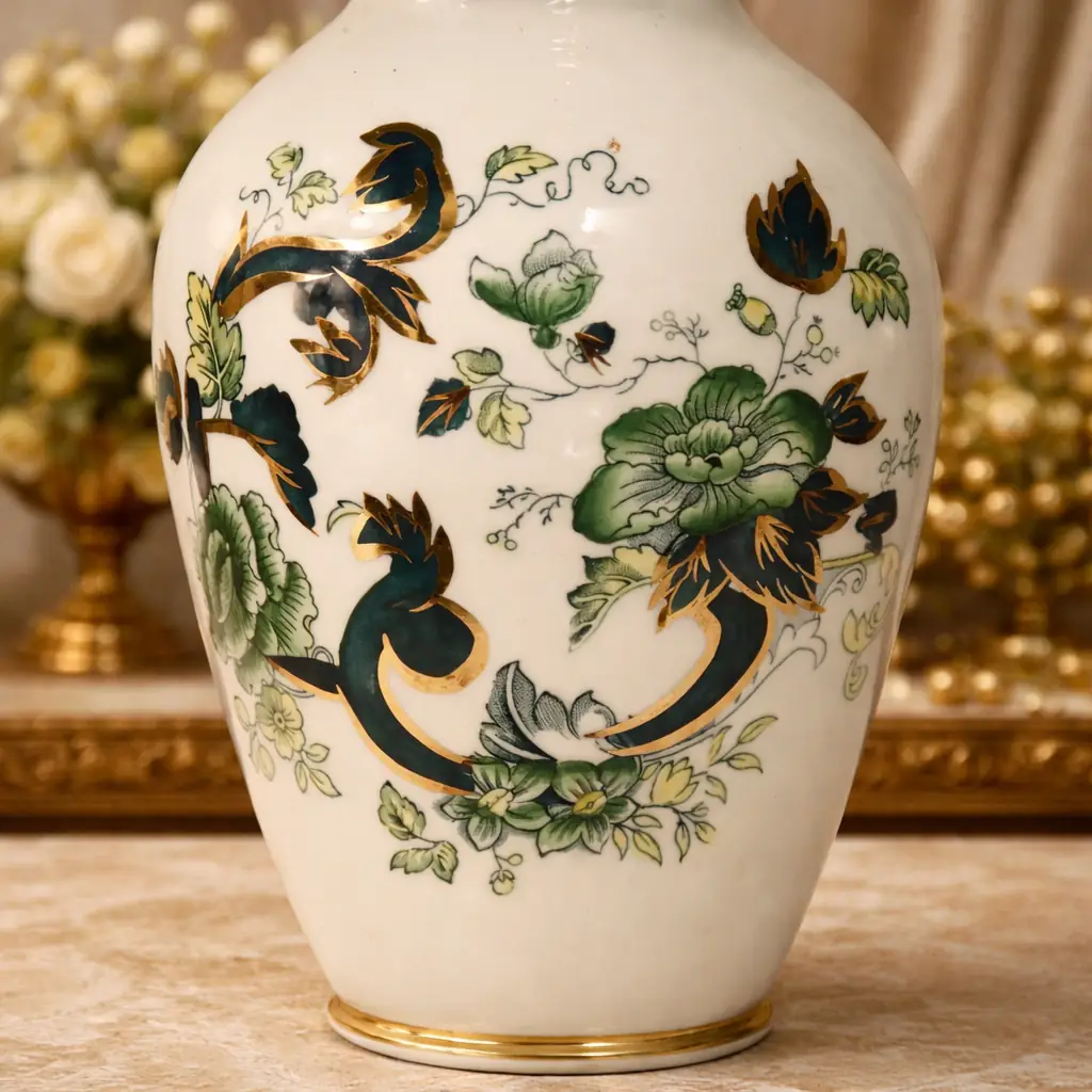 Vaso in porcellana smaltata e dorata, manifattura inglese Mason’s , decoro Chartreause con motivo floreale policromo in verde con ricchi arabeschi blu scuro e lumeggiature in oro. Corpo ovoidale con collo svasato e labbro leggermente estroflesso. Marchio sottostante “Masons Patent Ironstone, riferibile alla prima metà metà del XX secolo. Oggetto decorativo di gusto vittoriano, in ottimo stato di conservazione.