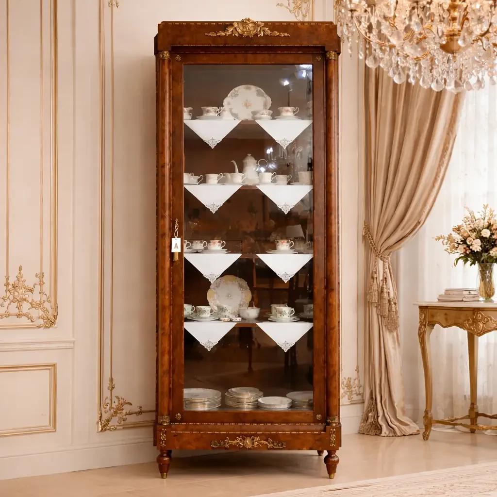 Elegante vetrina a un’anta in legno finemente impiallacciato in radica, con riserve e filettature a contrasto, riconducibile al gusto Luigi XVI / Neoclassico. Struttura architettonica con colonne laterali e anta a vetro originale, arricchita da ricche applicazioni in bronzo dorato: fregio floreale al coronamento, maniglia e guarnizioni finemente cesellate. Interni con ripiani destinati all’esposizione di porcellane. Manifattura francese o mitteleuropea, fine XIX – inizi XX secolo. Buono stato di conservazione, con patina coerente all’età e all’uso.