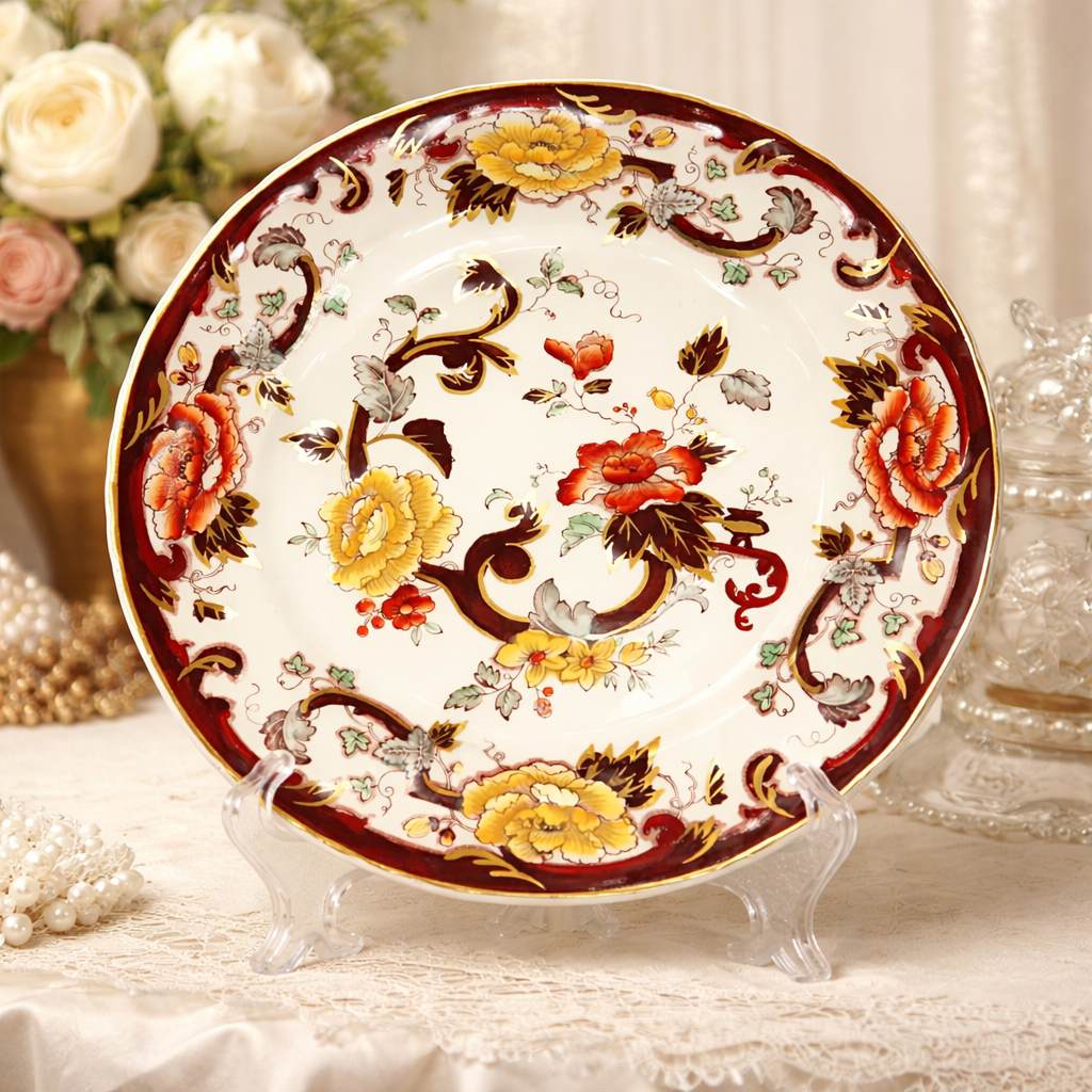 Piatto in ironstone inglese Mason’s, decoro “Velvet Brawn”, con ricche volute brune e fiori policromi in tonalità rosso, giallo e verde su fondo avorio, bordo profilato in oro. Manifattura Staffordshire, prima metà del XX secolo. In buono stato di conservazione.