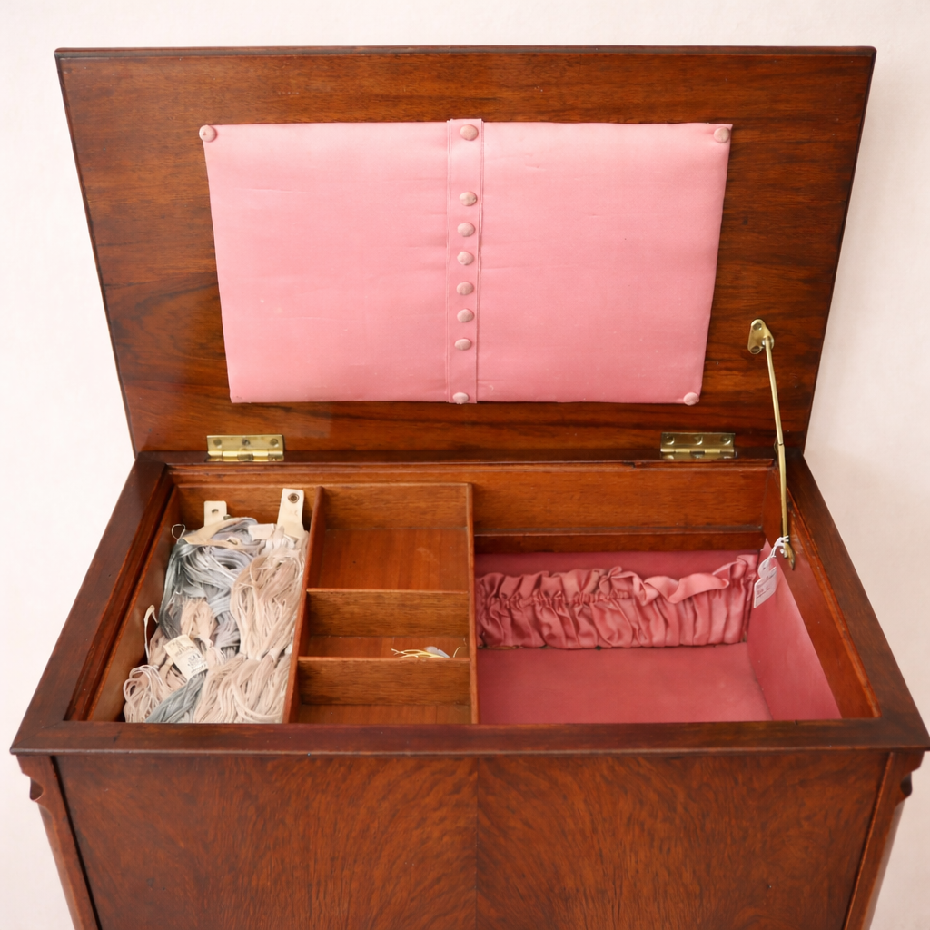 Raffinato sewing cabinet / mobiletto da lavoro inglese dei primi del Novecento, realizzato in legno massello e impiallacciato con bella venatura a specchio sul fronte. Dotato di tre cassetti e piano superiore apribile che nasconde un vano organizzato per il cucito con scomparti interni e rivestimenti in tessuto rosa. Sostenuto da eleganti gambe mosse in stile Queen Anne, presenta linee armoniose e proporzioni equilibrate. Mobile solido, ben conservato, con piacevole patina del tempo. Perfetto come complemento d’arredo o pezzo da collezione.