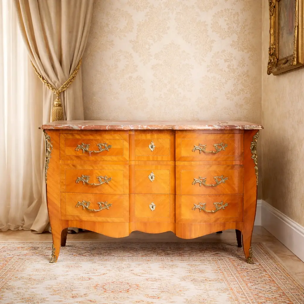 Cassettone bombato francese del XIX secolo con piano in marmo rosso Raffinato cassettone francese dell’Ottocento in stile Luigi XV, caratterizzato da linea mossa e fronte bombato. Realizzato in legni pregiati con impiallacciatura e riserve a intarsio geometrico, presenta tre ampi cassetti impreziositi da maniglie e bocchette in bronzo cesellato, in armonia con le applicazioni angolari e i sabot delle gambe.