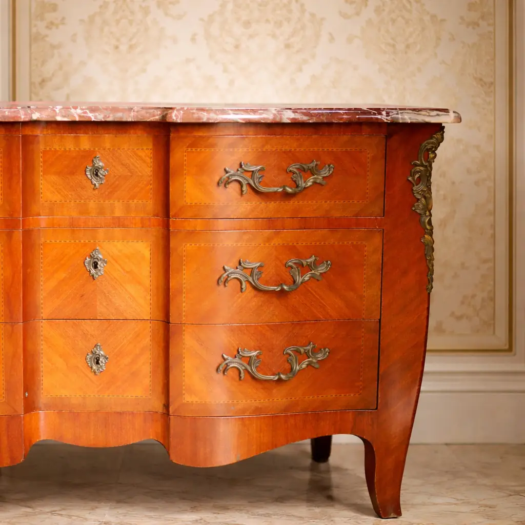 Cassettone bombato francese del XIX secolo con piano in marmo rosso Raffinato cassettone francese dell’Ottocento in stile Luigi XV, caratterizzato da linea mossa e fronte bombato. Realizzato in legni pregiati con impiallacciatura e riserve a intarsio geometrico, presenta tre ampi cassetti impreziositi da maniglie e bocchette in bronzo cesellato, in armonia con le applicazioni angolari e i sabot delle gambe.