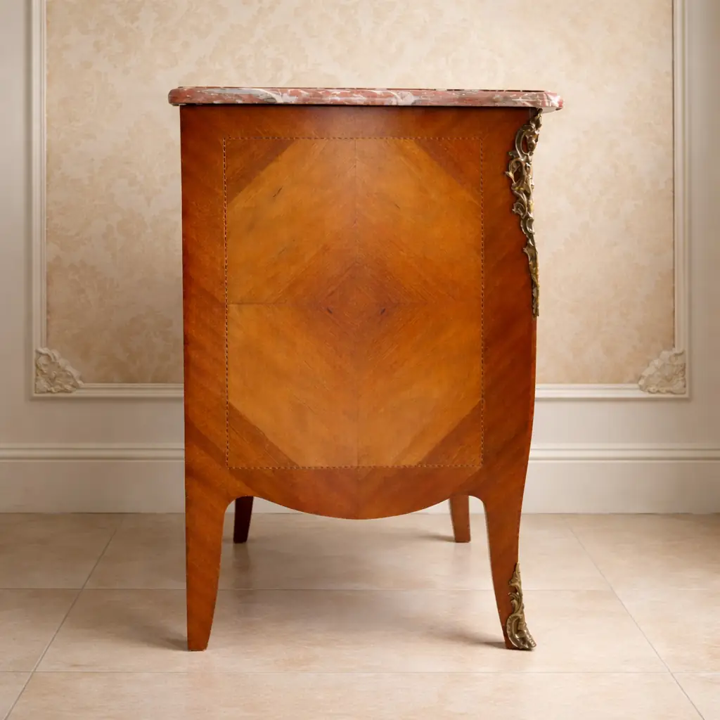 Cassettone bombato francese del XIX secolo con piano in marmo rosso Raffinato cassettone francese dell’Ottocento in stile Luigi XV, caratterizzato da linea mossa e fronte bombato. Realizzato in legni pregiati con impiallacciatura e riserve a intarsio geometrico, presenta tre ampi cassetti impreziositi da maniglie e bocchette in bronzo cesellato, in armonia con le applicazioni angolari e i sabot delle gambe.