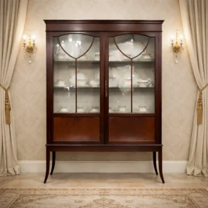 Vetrina a due ante in legno, manifattura inglese edoardiana (inizio XX secolo), con ante vetrate a raffinato motivo sagomato e pannelli inferiori in legno pieno. Struttura su gambe slanciate, cornice modanata superiore, interni con ripiani. Legno con bella patina e ferramenta originale. In buono stato di conservazione.