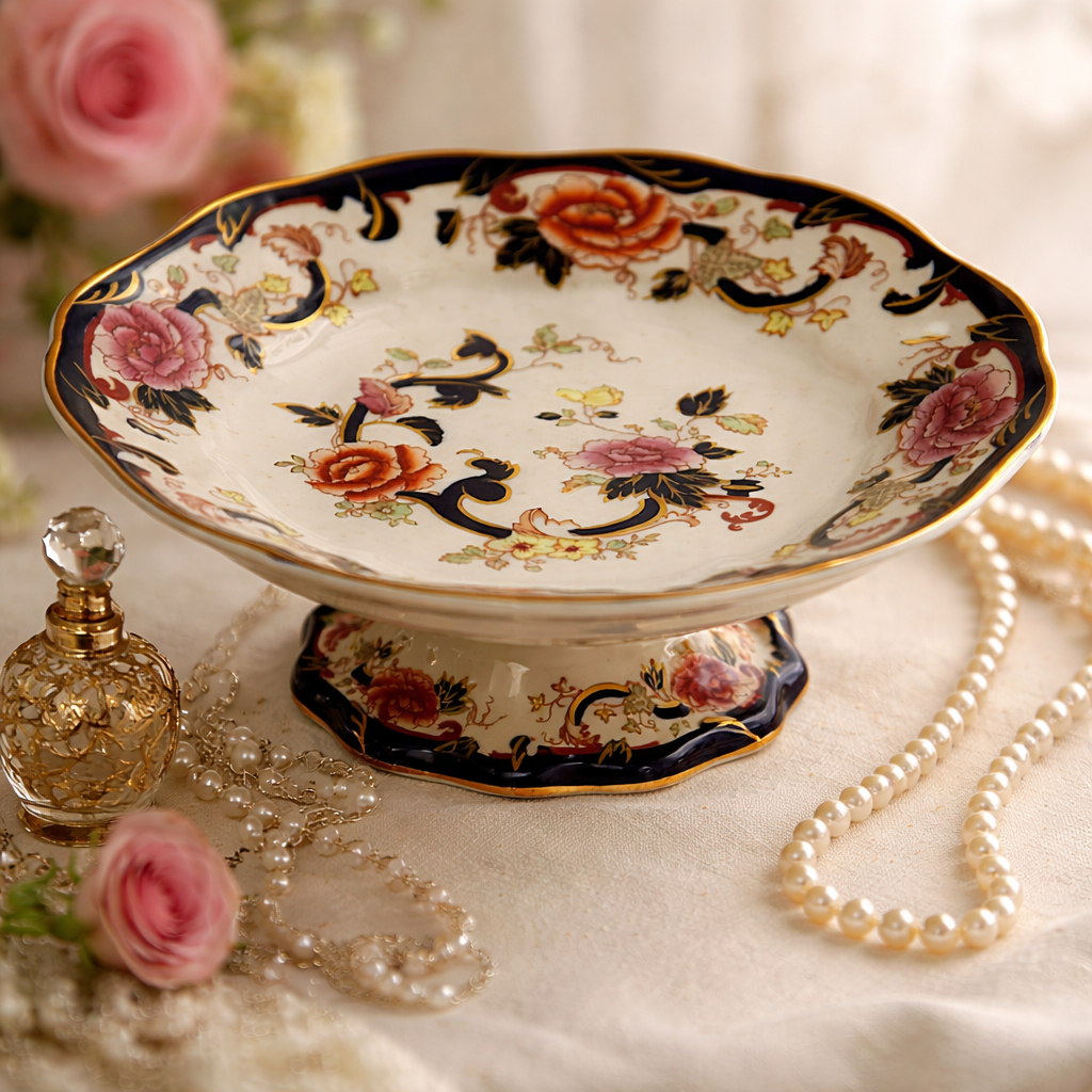 Alzata centrotavola in fine porcellana inglese Mason’s, linea Mandalay, con elegante forma sagomata su piede, decorata con raffinato motivo floreale policromo, elementi in blu cobalto e ricche dorature. Bordo mosso profilato in oro. Marchio al fondo “Mason’s – Patent Ironstone – Mandalay – Made in England”. Produzione del XX secolo. Oggetto decorativo e da collezione, in buono stato di conservazione.