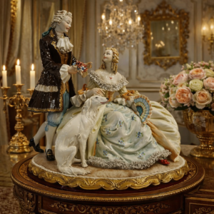 Gruppo figurativo in porcellana policroma raffigurante scena galante di gusto rococò, con cavaliere in abito settecentesco che offre un mazzolino floreale a dama elegantemente seduta, accompagnata da levriero. Fine modellato dei volti, ricca resa dei panneggi con merletti plastici applicati, decori floreali dipinti a mano e dorature a rilievo. Base ovale sagomata con cornice dorata, rivestita inferiormente. Produzione italiana Capodimonte, Porcellane Principe, XX secolo, come da marchio al verso. In buono stato di conservazione, oggetto decorativo di pregio e forte impatto scenografico.
