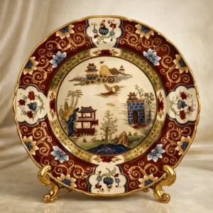 Piatto decorativo in ceramica fine Mason’s Ironstone, modello “Red Pagoda”, manifattura inglese, fine XX secolo. Decorazione policroma con scena orientale di gusto chinoiserie, arricchita da ampia bordura rosso ferro con motivi floreali e dorature. Esemplare numerato, appartenente alla Heritage Plate Collection, edizione limitata (n. 585 su 2.950), marchio al verso (Compton & Woodhouse, 1997). In ottimo stato di conservazione; oggetto da collezione e d’arredo.