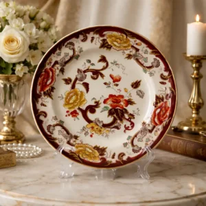 Piatto in ironstone inglese Mason’s, decoro “Velvet Brawn”, con ricche volute brune e fiori policromi in tonalità rosso, giallo e verde su fondo avorio, bordo profilato in oro. Manifattura Staffordshire, prima metà del XX secolo. In buono stato di conservazione.