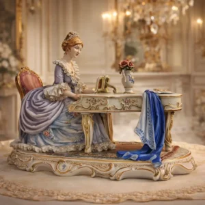Scultura in porcellana di Capodimonte policroma, raffigurante dama settecentesca seduta al pianoforte in un elegante interno di gusto rococò. Modellazione accurata, ricca nei dettagli dell’abito, dei panneggi e degli arredi, con decorazioni floreali dipinte a mano e diffuse dorature. Base sagomata finemente ornata. Firma “Cortese 382” alla base. Produzione italiana, Capodimonte, seconda metà del XX secolo. Ottimo stato di conservazione.