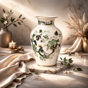 Vaso in porcellana smaltata e dorata, manifattura inglese Mason’s , decoro Chartreause con motivo floreale policromo in verde con ricchi arabeschi blu scuro e lumeggiature in oro. Corpo ovoidale con collo svasato e labbro leggermente estroflesso. Marchio sottostante “Masons Patent Ironstone, riferibile alla prima metà metà del XX secolo. Oggetto decorativo di gusto vittoriano, in ottimo stato di conservazione.