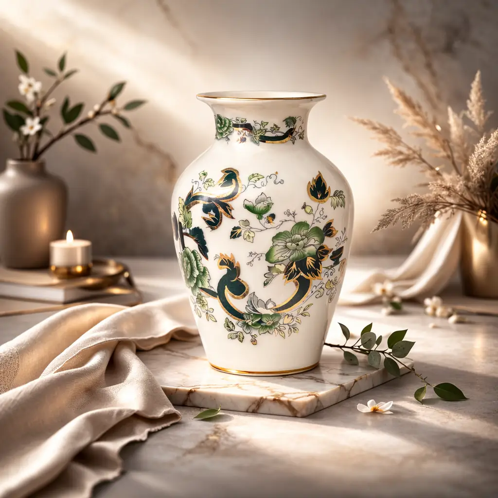 Vaso in porcellana smaltata e dorata, manifattura inglese Mason’s , decoro Chartreause con motivo floreale policromo in verde con ricchi arabeschi blu scuro e lumeggiature in oro. Corpo ovoidale con collo svasato e labbro leggermente estroflesso. Marchio sottostante “Masons Patent Ironstone, riferibile alla prima metà metà del XX secolo. Oggetto decorativo di gusto vittoriano, in ottimo stato di conservazione.