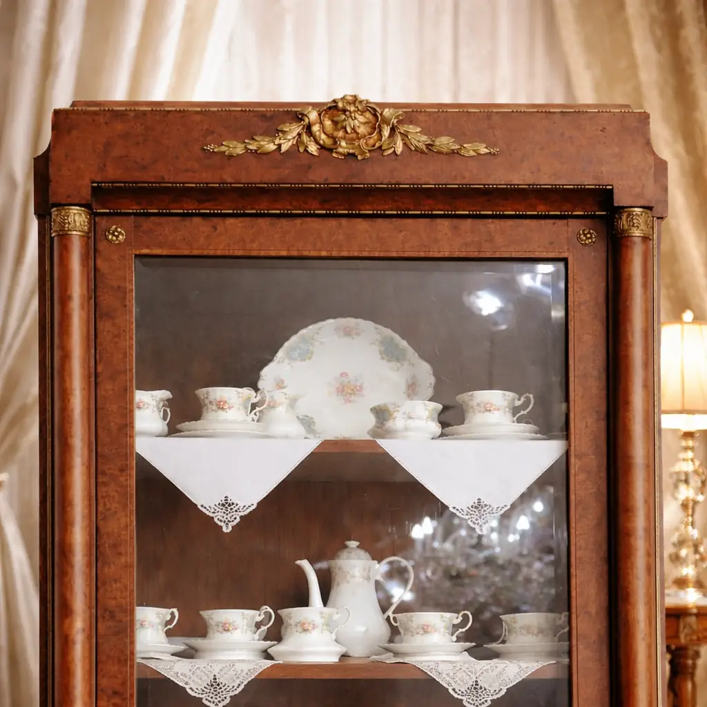 Elegante vetrina a un’anta in legno finemente impiallacciato in radica, con riserve e filettature a contrasto, riconducibile al gusto Luigi XVI / Neoclassico. Struttura architettonica con colonne laterali e anta a vetro originale, arricchita da ricche applicazioni in bronzo dorato: fregio floreale al coronamento, maniglia e guarnizioni finemente cesellate. Interni con ripiani destinati all’esposizione di porcellane. Manifattura francese o mitteleuropea, fine XIX – inizi XX secolo. Buono stato di conservazione, con patina coerente all’età e all’uso.