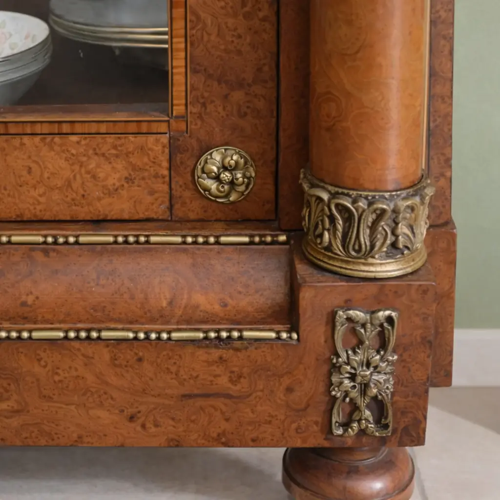 Elegante vetrina a un’anta in legno finemente impiallacciato in radica, con riserve e filettature a contrasto, riconducibile al gusto Luigi XVI / Neoclassico. Struttura architettonica con colonne laterali e anta a vetro originale, arricchita da ricche applicazioni in bronzo dorato: fregio floreale al coronamento, maniglia e guarnizioni finemente cesellate. Interni con ripiani destinati all’esposizione di porcellane. Manifattura francese o mitteleuropea, fine XIX – inizi XX secolo. Buono stato di conservazione, con patina coerente all’età e all’uso.