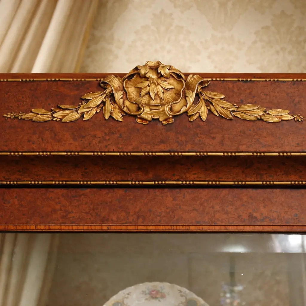Elegante vetrina a un’anta in legno finemente impiallacciato in radica, con riserve e filettature a contrasto, riconducibile al gusto Luigi XVI / Neoclassico. Struttura architettonica con colonne laterali e anta a vetro originale, arricchita da ricche applicazioni in bronzo dorato: fregio floreale al coronamento, maniglia e guarnizioni finemente cesellate. Interni con ripiani destinati all’esposizione di porcellane. Manifattura francese o mitteleuropea, fine XIX – inizi XX secolo. Buono stato di conservazione, con patina coerente all’età e all’uso.