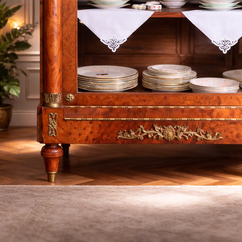 Elegante vetrina a un’anta in legno finemente impiallacciato in radica, con riserve e filettature a contrasto, riconducibile al gusto Luigi XVI / Neoclassico. Struttura architettonica con colonne laterali e anta a vetro originale, arricchita da ricche applicazioni in bronzo dorato: fregio floreale al coronamento, maniglia e guarnizioni finemente cesellate. Interni con ripiani destinati all’esposizione di porcellane. Manifattura francese o mitteleuropea, fine XIX – inizi XX secolo. Buono stato di conservazione, con patina coerente all’età e all’uso.