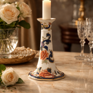 Portacandela in fine porcellana inglese Mason’s, linea Mandalay, con elegante forma slanciata e base poligonale. Decorazione floreale policroma con elementi in blu cobalto e ricche dorature. Marchio al fondo “Mason’s – Patent Ironstone – Mandalay – England”. Produzione del XX secolo. Oggetto decorativo di gusto classico, in buono stato di conservazione.