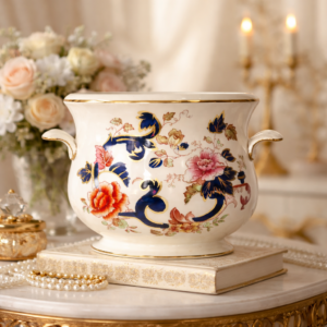 Cachepot in ironstone inglese Mason’s, decoro “Mandalay Blue”, con ricchi arabeschi blu cobalto, fiori policromi e lumeggiature in oro. Corpo panciuto su piede circolare, bordo estroflesso e anse laterali a conchiglia. Manifattura inglese, prima metà del XX secolo. In buono stato di conservazione, con lieve usura alla doratura.