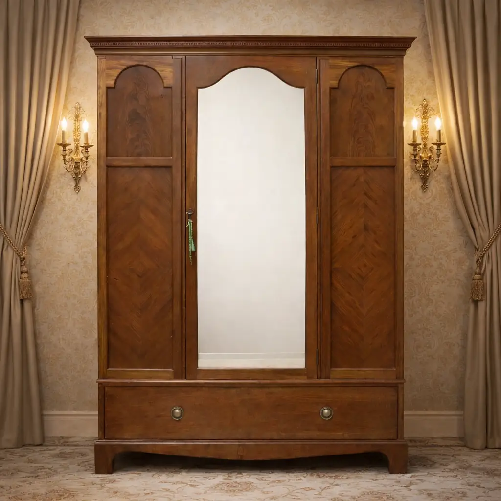 Armadio inglese di gusto Edoardiano, realizzato nei primi anni del XX secolo, in legno di mogano con elegante impiallacciatura a spina di pesce. Struttura architettonica sobria con tre ante, quella centrale a specchio, cappello modanato e cassetto inferiore con pomelli originali in ottone. Interno attrezzato con asta appendiabiti e ganci, finitura calda e ben conservata, tipica della produzione britannica di qualità.
