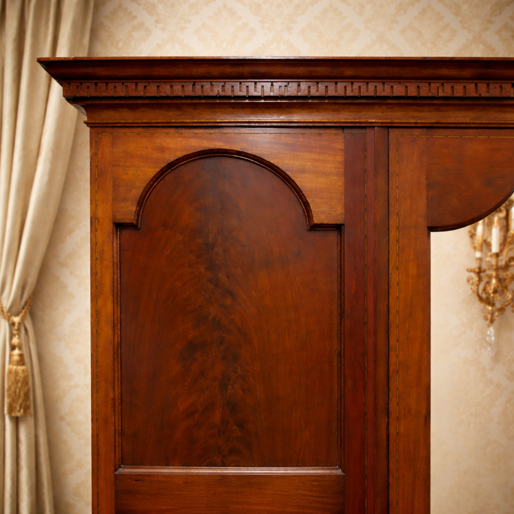 Armadio inglese di gusto Edoardiano, realizzato nei primi anni del XX secolo, in legno di mogano con elegante impiallacciatura a spina di pesce. Struttura architettonica sobria con tre ante, quella centrale a specchio, cappello modanato e cassetto inferiore con pomelli originali in ottone. Interno attrezzato con asta appendiabiti e ganci, finitura calda e ben conservata, tipica della produzione britannica di qualità.
