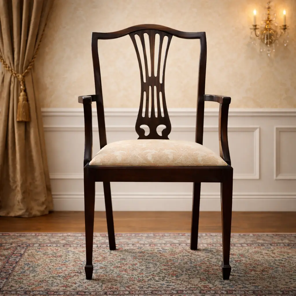 Una coppia di poltroncine di gusto sobrio ed elegante, adatte sia all’arredo d’epoca sia all’inserimento in ambienti contemporanei come elementi di contrasto di grande fascino. Coppia di poltroncine in legno massello, produzione inglese , di gusto neoclassico con richiami Luigi XVI. Schienale a giorno sagomato con stecca centrale traforata, braccioli raccordati e gambe sottili rastremate. Seduta imbottita rivestita in tessuto damascato color avorio. Finitura scura con bella patina. In ottimo stato di conservazione, strutturalmente sane e pronte all’uso.