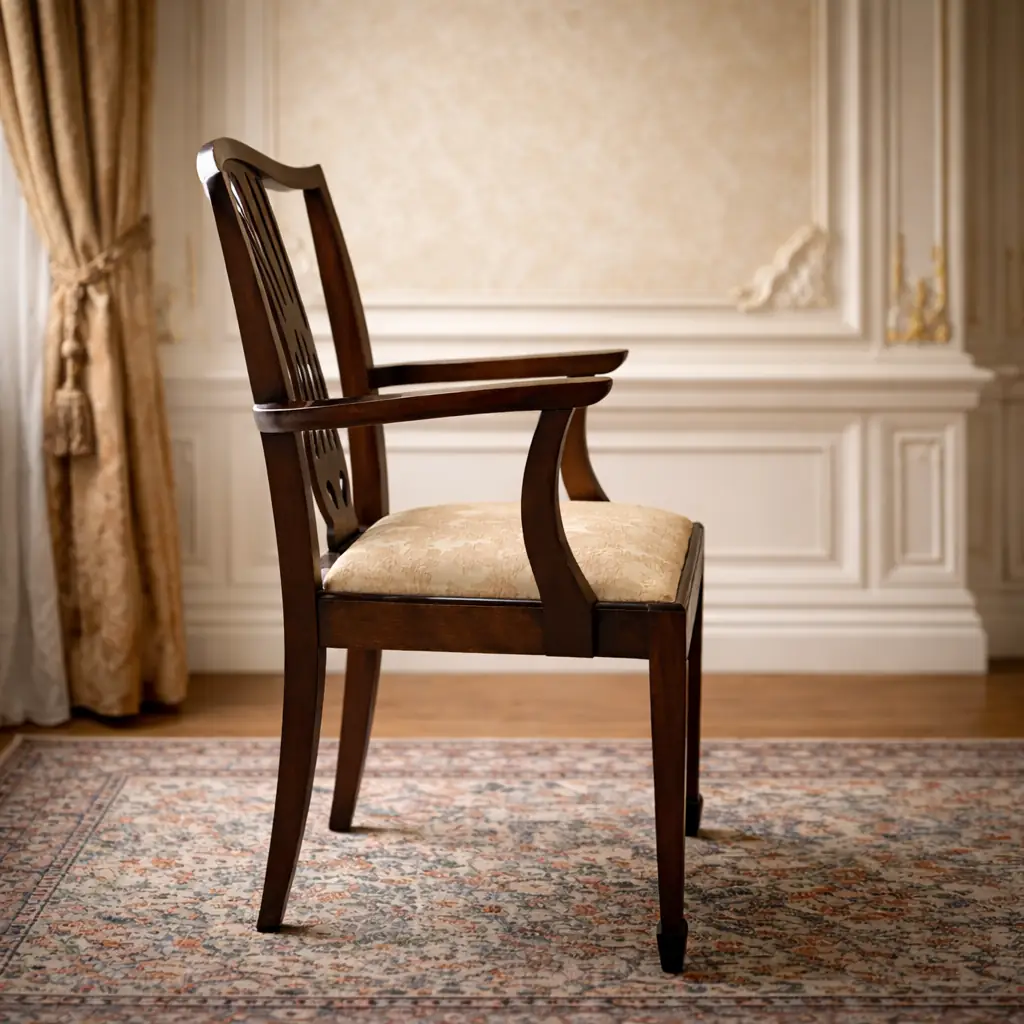 Una coppia di poltroncine di gusto sobrio ed elegante, adatte sia all’arredo d’epoca sia all’inserimento in ambienti contemporanei come elementi di contrasto di grande fascino. Coppia di poltroncine in legno massello, produzione inglese , di gusto neoclassico con richiami Luigi XVI. Schienale a giorno sagomato con stecca centrale traforata, braccioli raccordati e gambe sottili rastremate. Seduta imbottita rivestita in tessuto damascato color avorio. Finitura scura con bella patina. In ottimo stato di conservazione, strutturalmente sane e pronte all’uso.